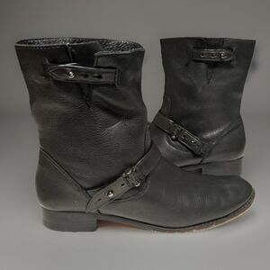 Coach Amy Black Leather Moto Boots Sz 8B Leather Pull On Riding Leather Sole
